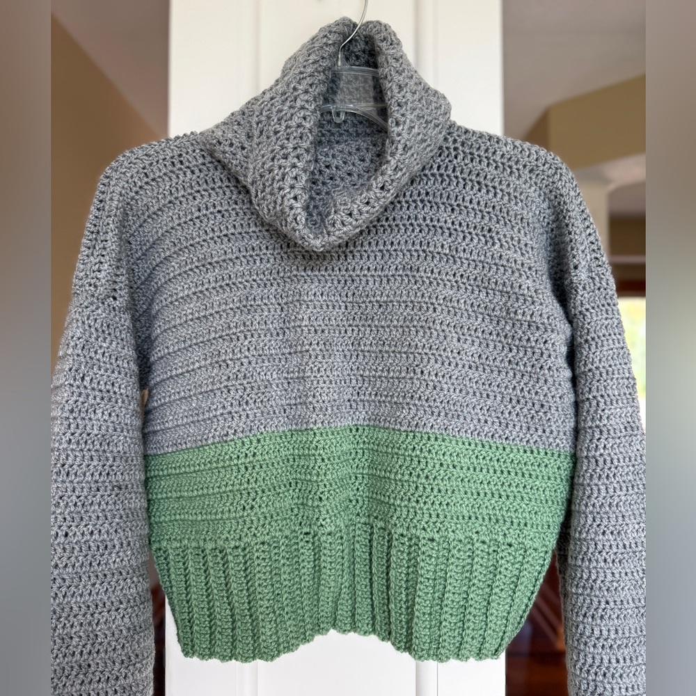 Gray and Green Women’s Handmade Crocheted Cropped Pullover Cowl Neck Sweater.